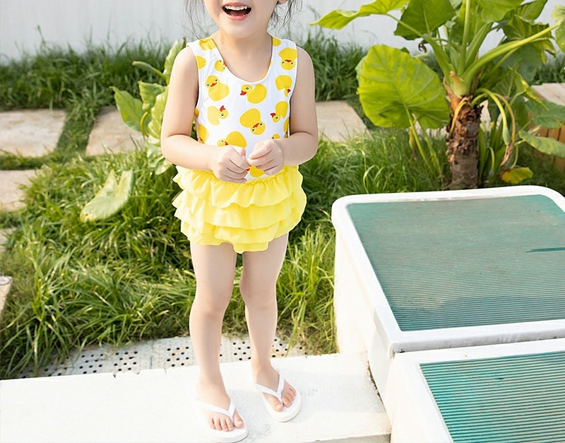 Toddler Girls Duck Printed Lovely Round Neck Swimsuit