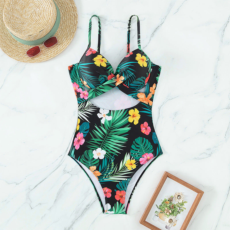Women's Floral Slimming Hollow One-Piece Swimsuit