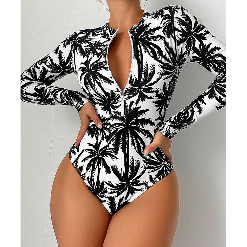 Women's Printed Long Sleeve One-Piece Swimsuit - Stylish Coverage & Comfort