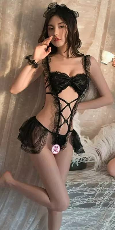 Women Pretty Ruffled Hem Lace Decorated Fashionable Lingerie