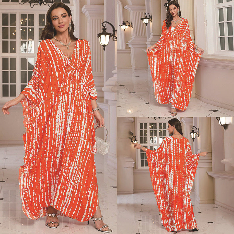 Women Fashionable Printed Style Summer Long Length Short Sleeve Soft Dress
