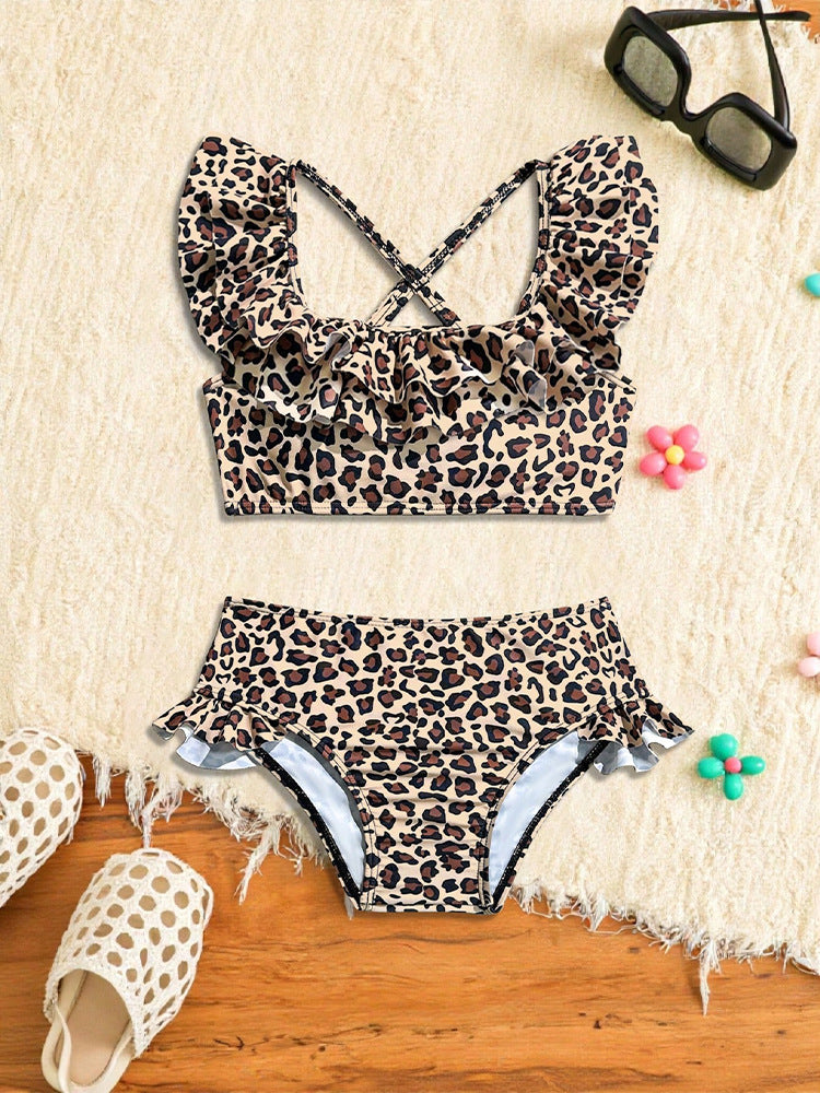 Toddler Girls Amazing Leopard Pattern Two Piece Elastic Waist Wonderful Swimsuit