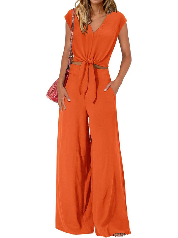 Summer V-Neck Tie-Up Midriff-Baring Wide-Leg Pants Casual Fashion Suit High Waist.