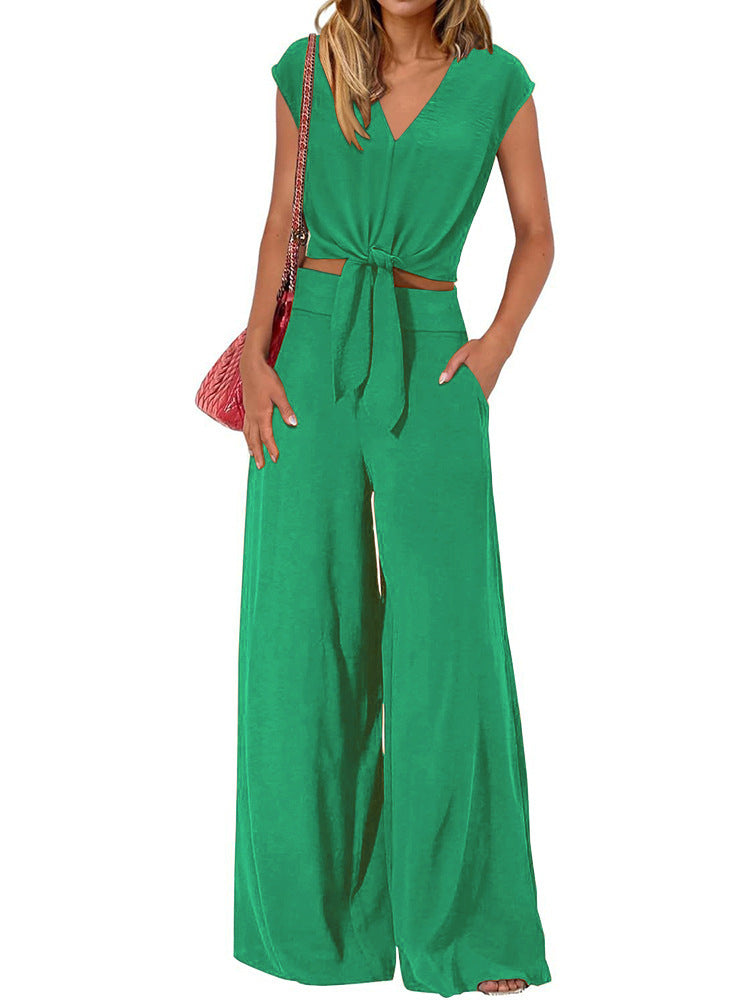 Summer V-Neck Tie-Up Midriff-Baring Wide-Leg Pants Casual Fashion Suit High Waist.