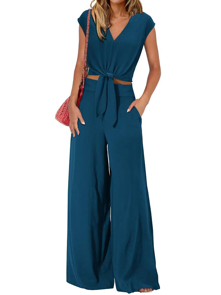 Summer V-Neck Tie-Up Midriff-Baring Wide-Leg Pants Casual Fashion Suit High Waist.