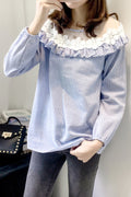 Women Long Sleeve Flower Decorated Round Neck Thin Breathable Casual Shirt