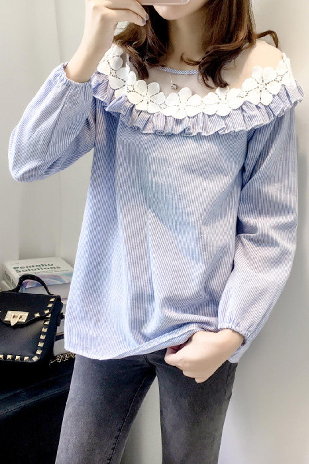 Women Long Sleeve Flower Decorated Round Neck Thin Breathable Casual Shirt