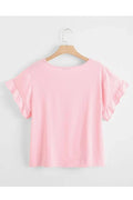 Women Round Neck Solid Colored Ruffled Short Sleeve Elegant Cute Top