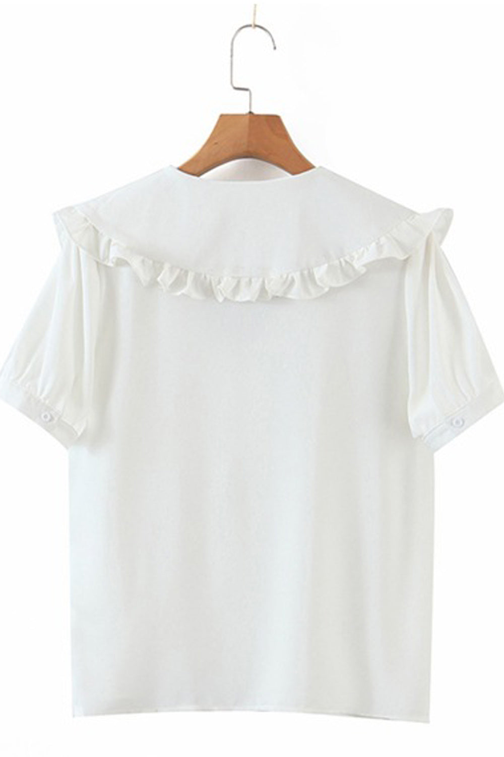 Women Ruffled Style Chiffon Solid Colored Short Sleeve Button Down Shirt