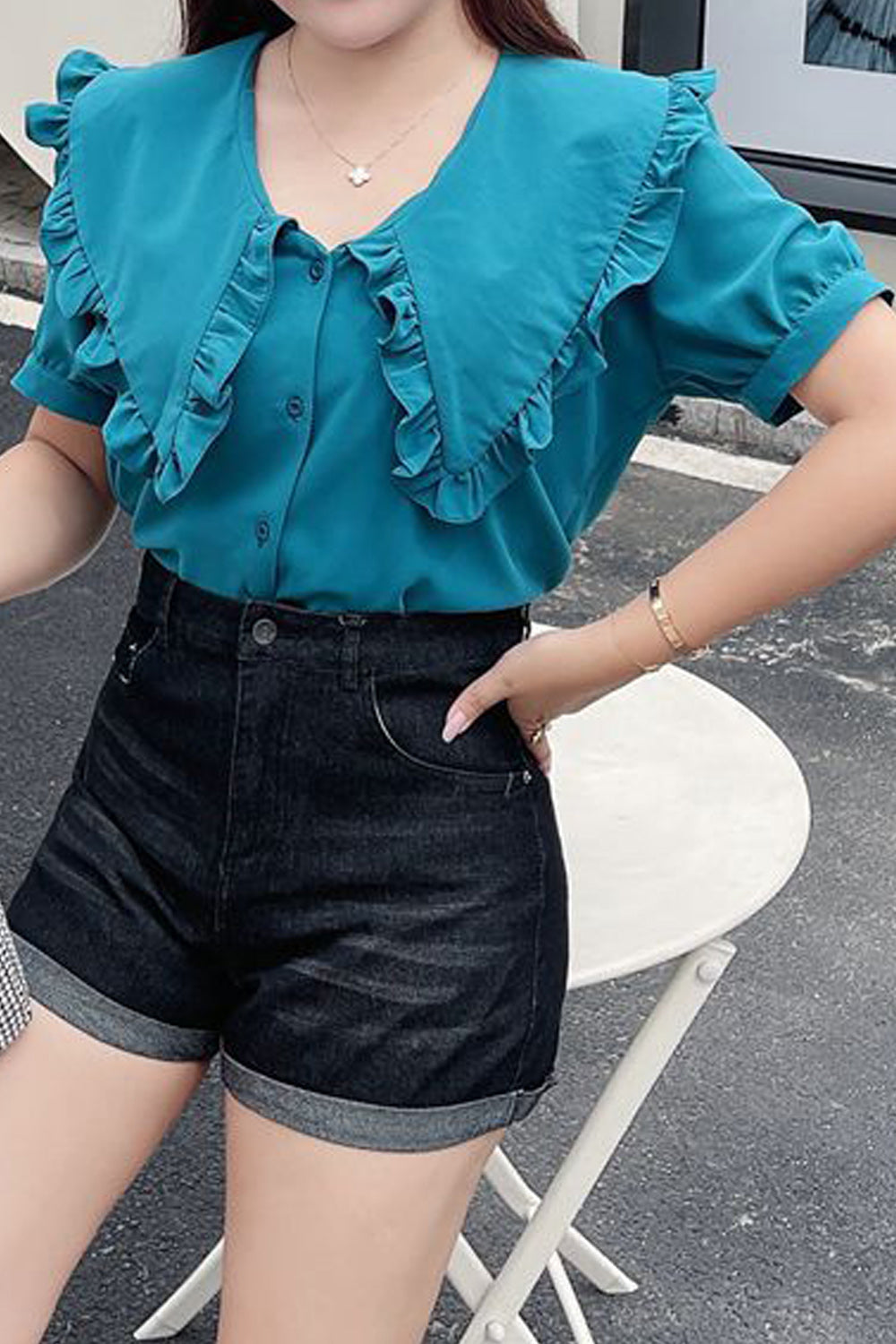 Women Ruffled Style Chiffon Solid Colored Short Sleeve Button Down Shirt