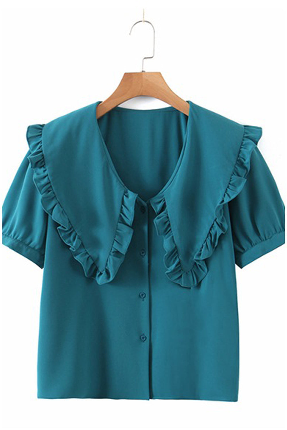Women Ruffled Style Chiffon Solid Colored Short Sleeve Button Down Shirt