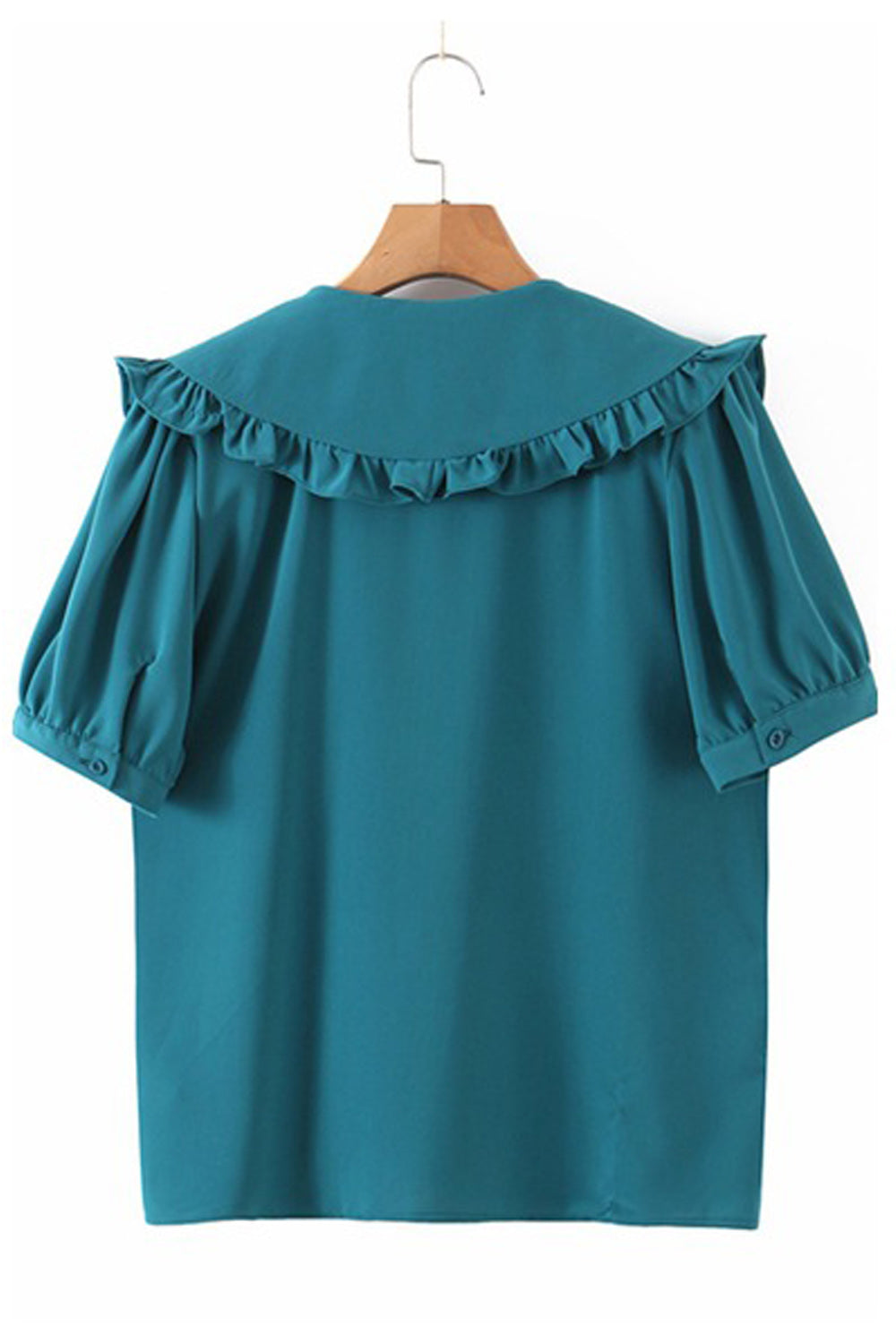 Women Ruffled Style Chiffon Solid Colored Short Sleeve Button Down Shirt