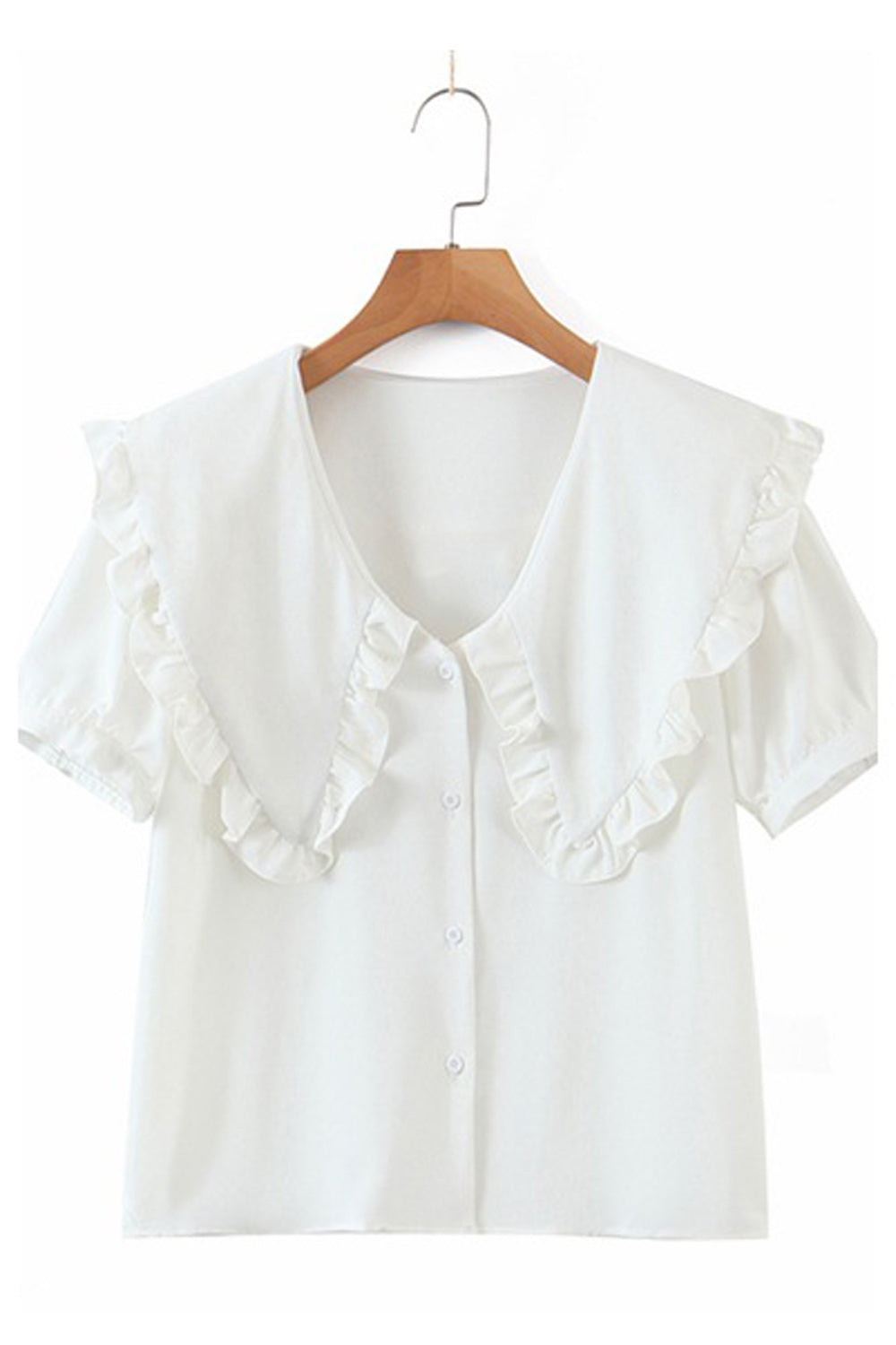 Women Ruffled Style Chiffon Solid Colored Short Sleeve Button Down Shirt