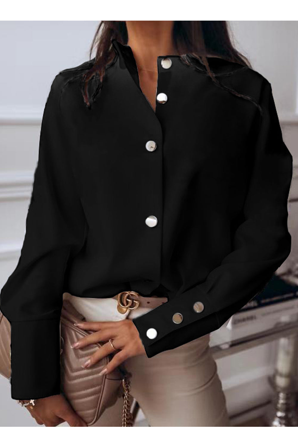 Women Button Closure Solid Colored Loose Long Sleeve Elegant Outing Shirt