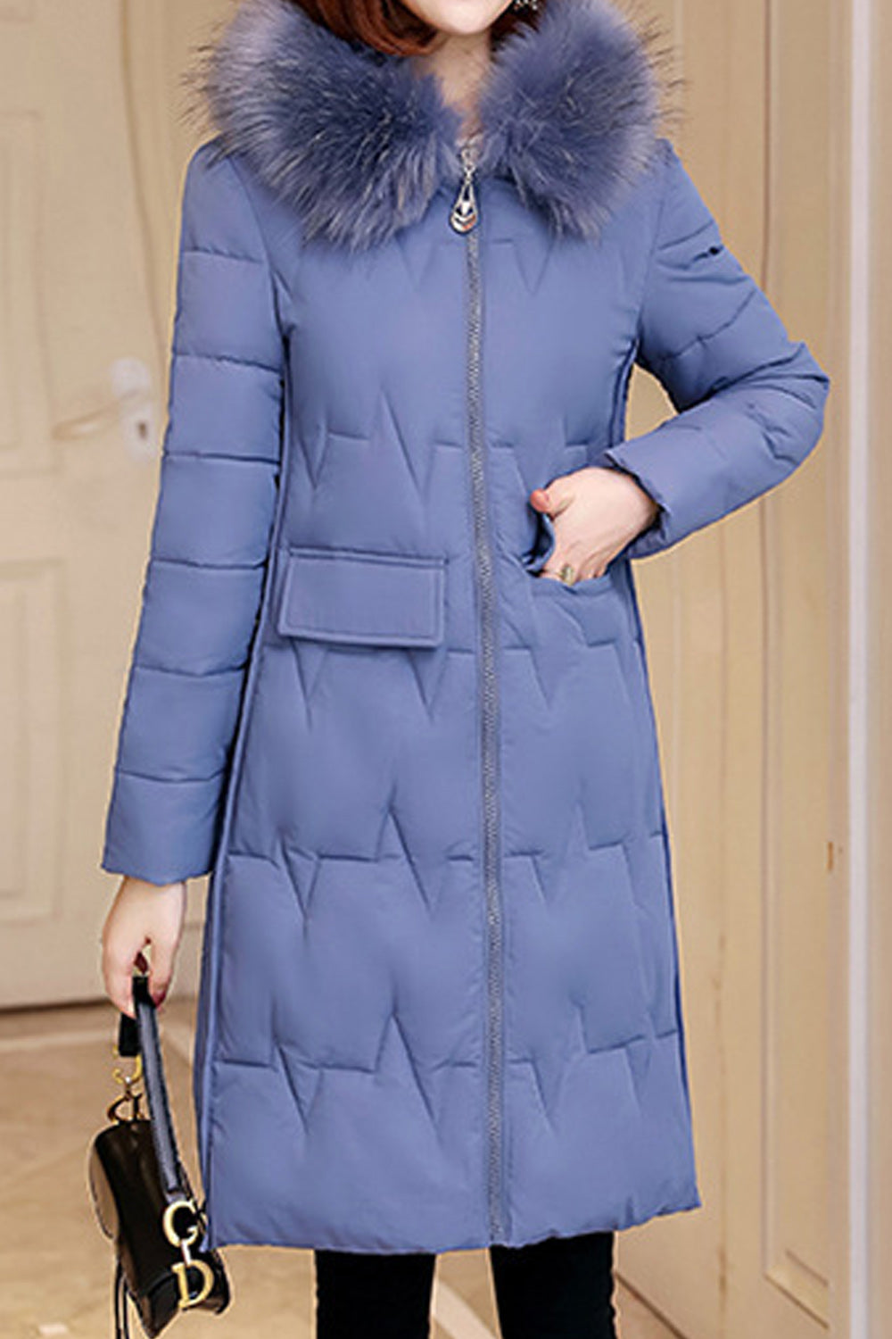 Women Long Sleeve Flap Pockets Solid Pattern Mid Length Elegant Cozy Padded Jacket