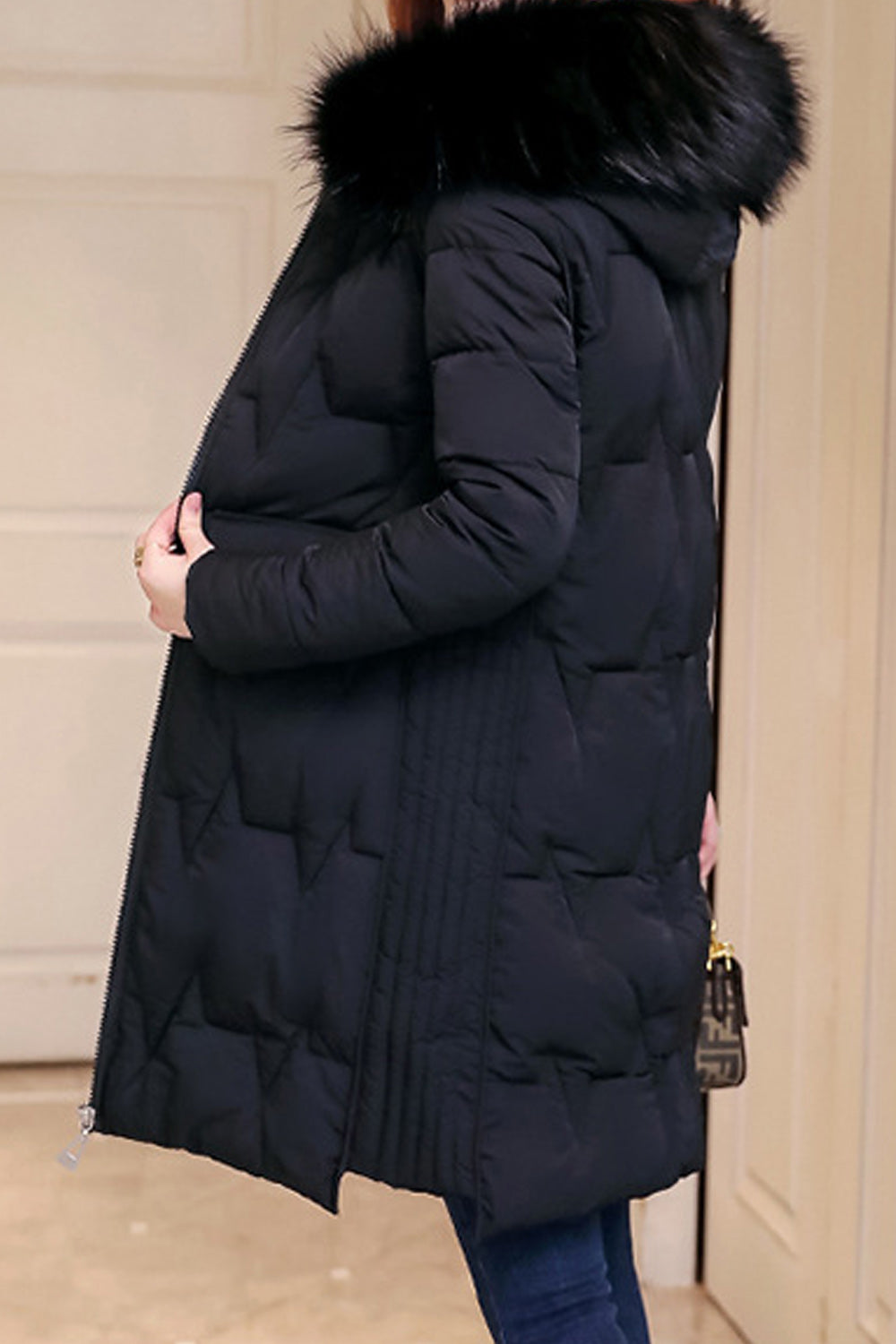 Women Long Sleeve Flap Pockets Solid Pattern Mid Length Elegant Cozy Padded Jacket