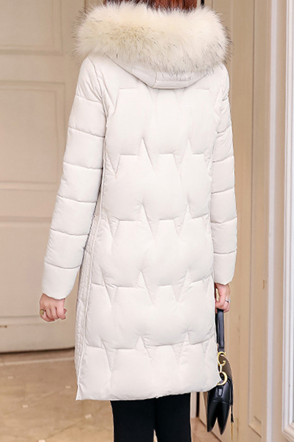 Women Long Sleeve Flap Pockets Solid Pattern Mid Length Elegant Cozy Padded Jacket