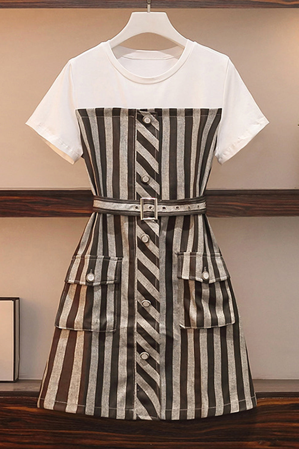 Women Plus Short Sleeve Stripe Pattern Short Length Comfy Dress