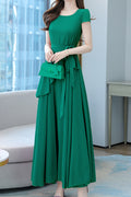 Women Thin Short Sleeve Long Length Solid Colored Pretty Square Neck Dress