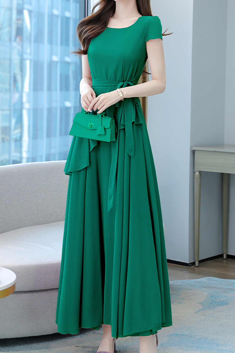 Women Thin Short Sleeve Long Length Solid Colored Pretty Square Neck Dress