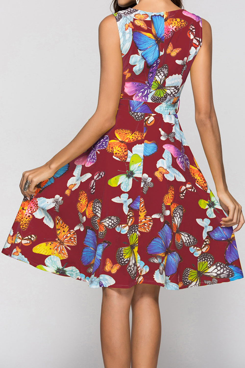 Women A-Line Skirt Butterfly Printed Sleeveless Ventilated Soft Pretty Dress