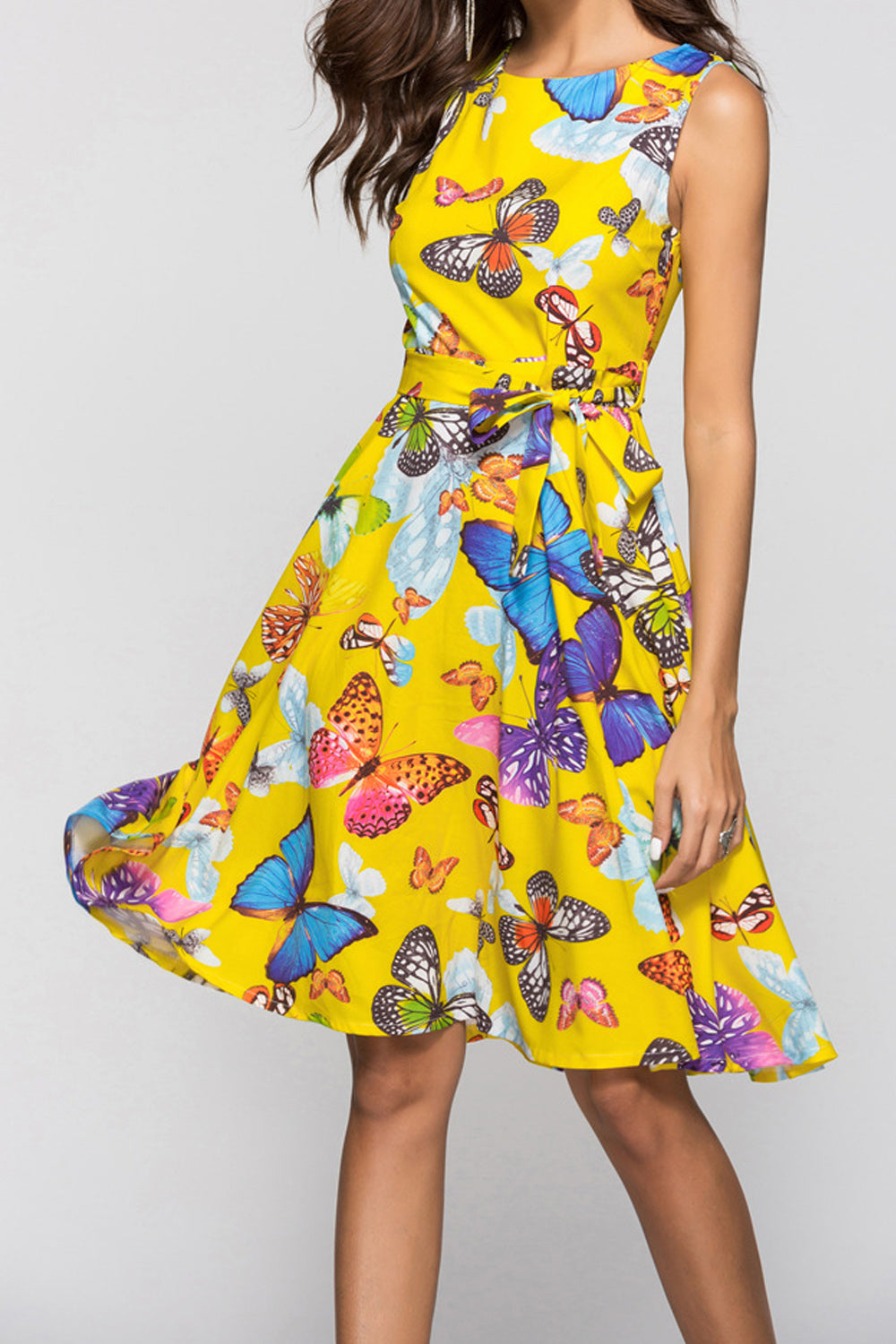 Women A-Line Skirt Butterfly Printed Sleeveless Ventilated Soft Pretty Dress