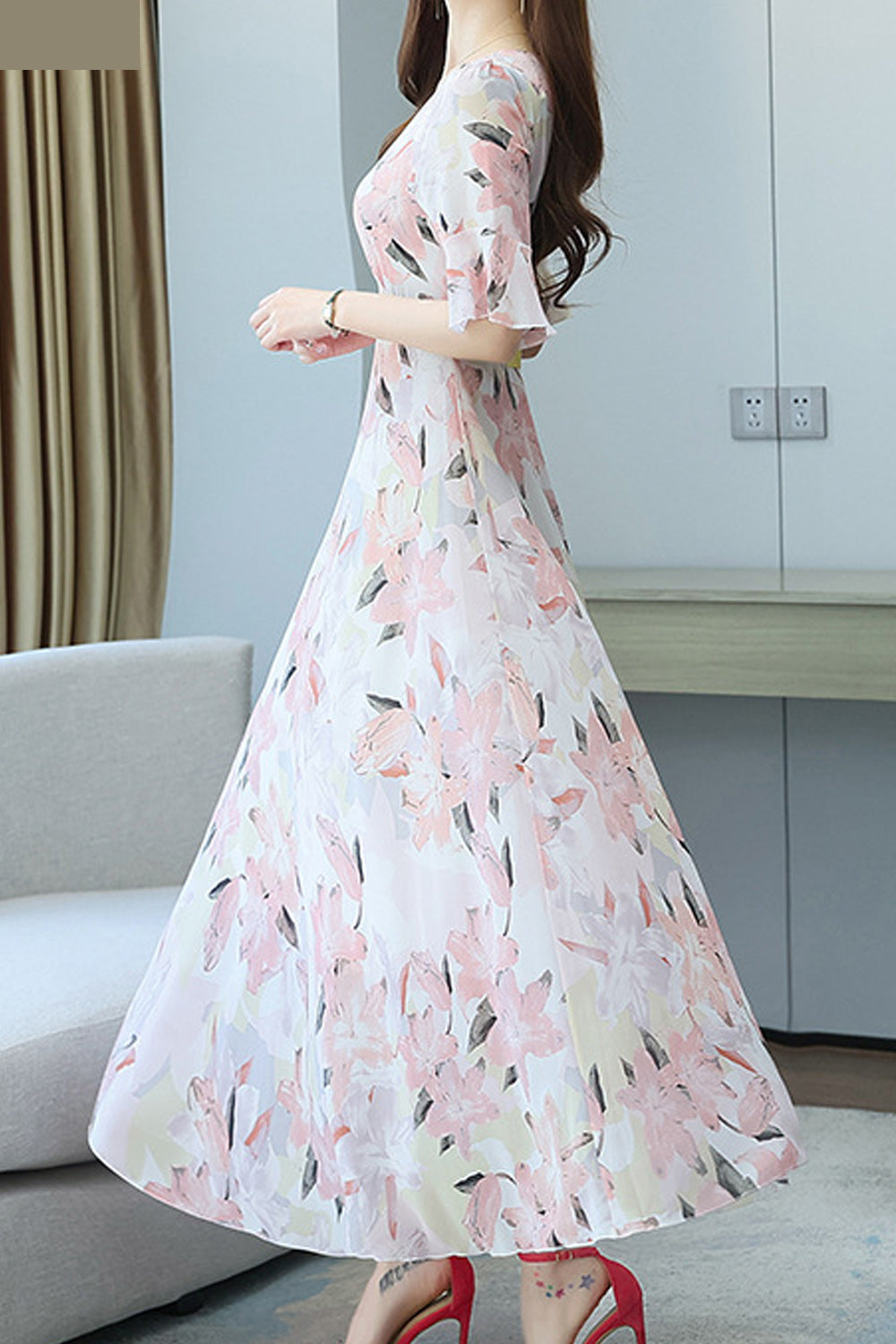 Women Flower Print Pleated Early Autumn Dress