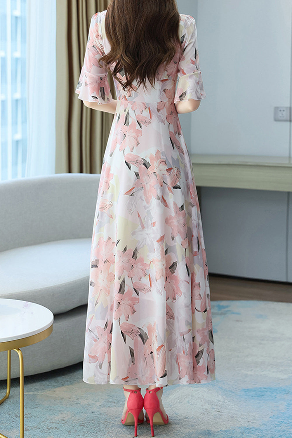 Women Flower Print Pleated Early Autumn Dress