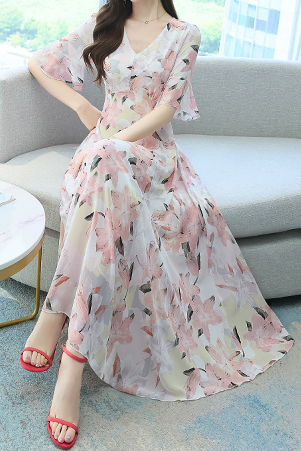 Women Flower Print Pleated Early Autumn Dress