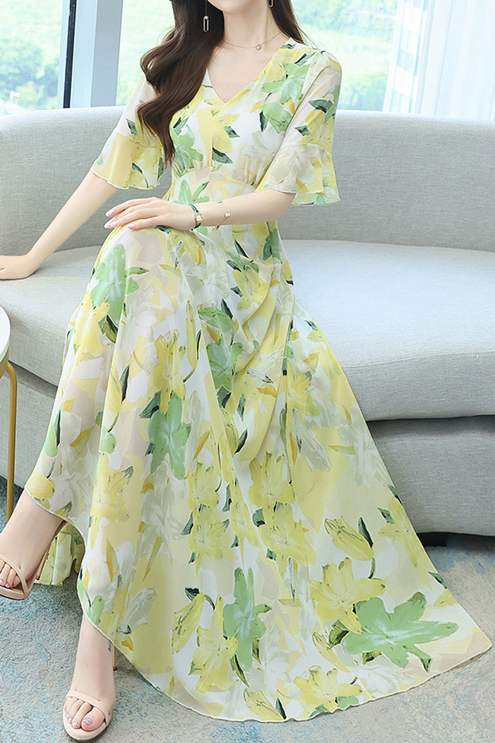 Women Flower Print Pleated Early Autumn Dress