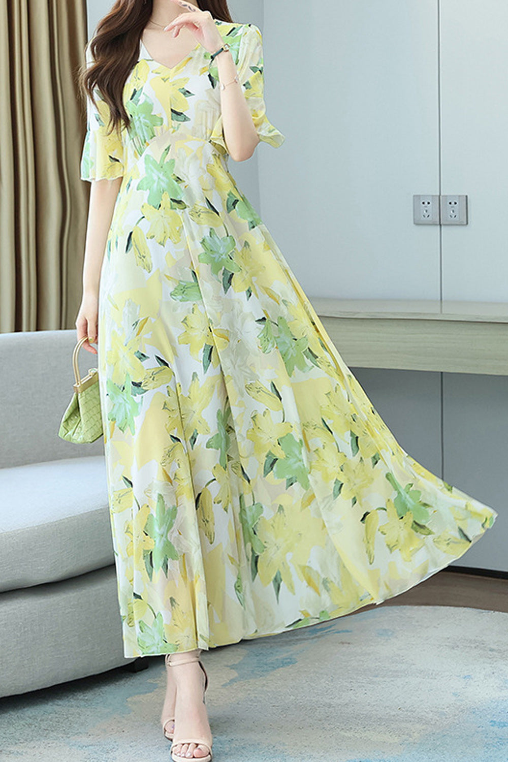 Women Flower Print Pleated Early Autumn Dress