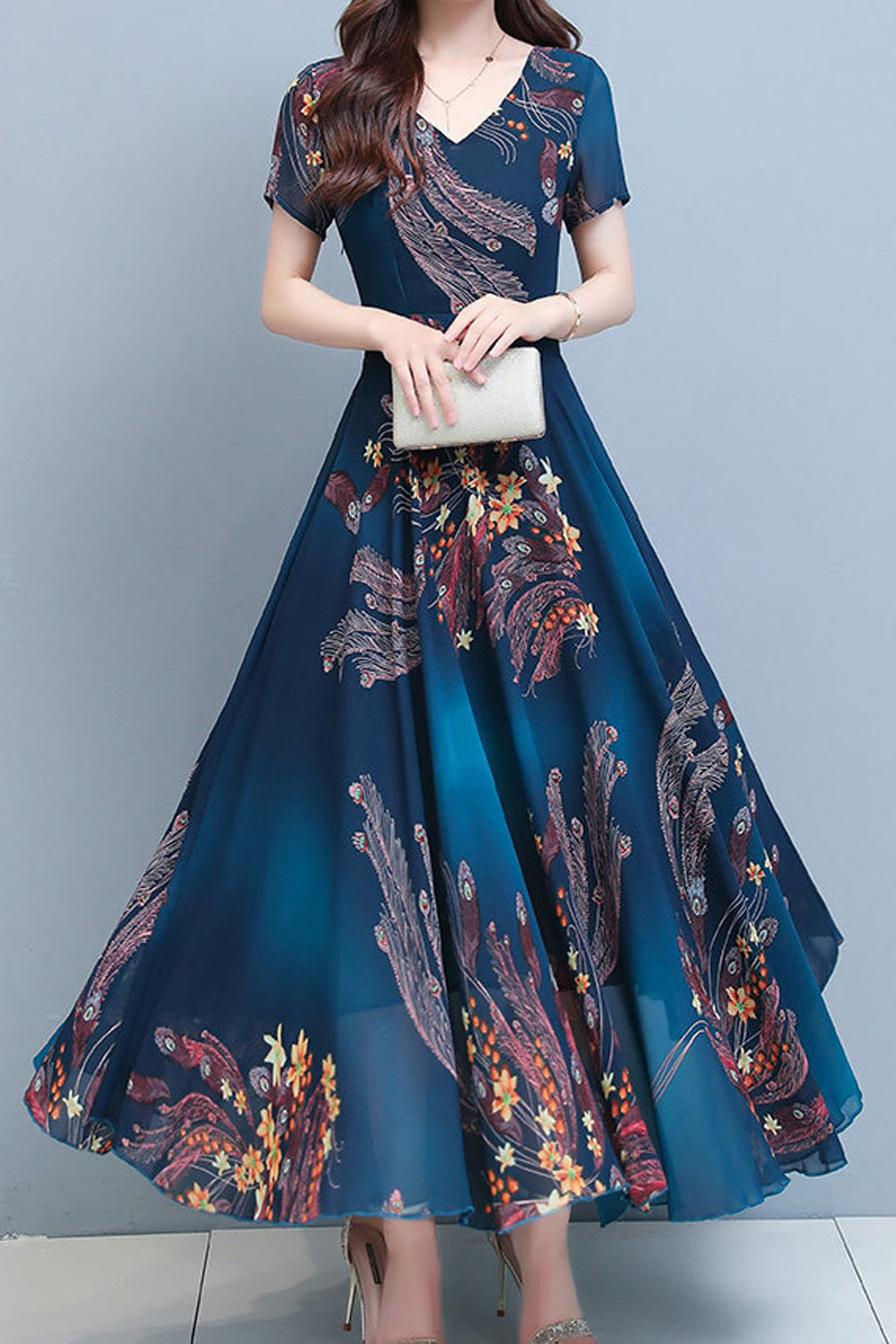 Women Short Sleeve Beautiful V-Neck Long Length Dress