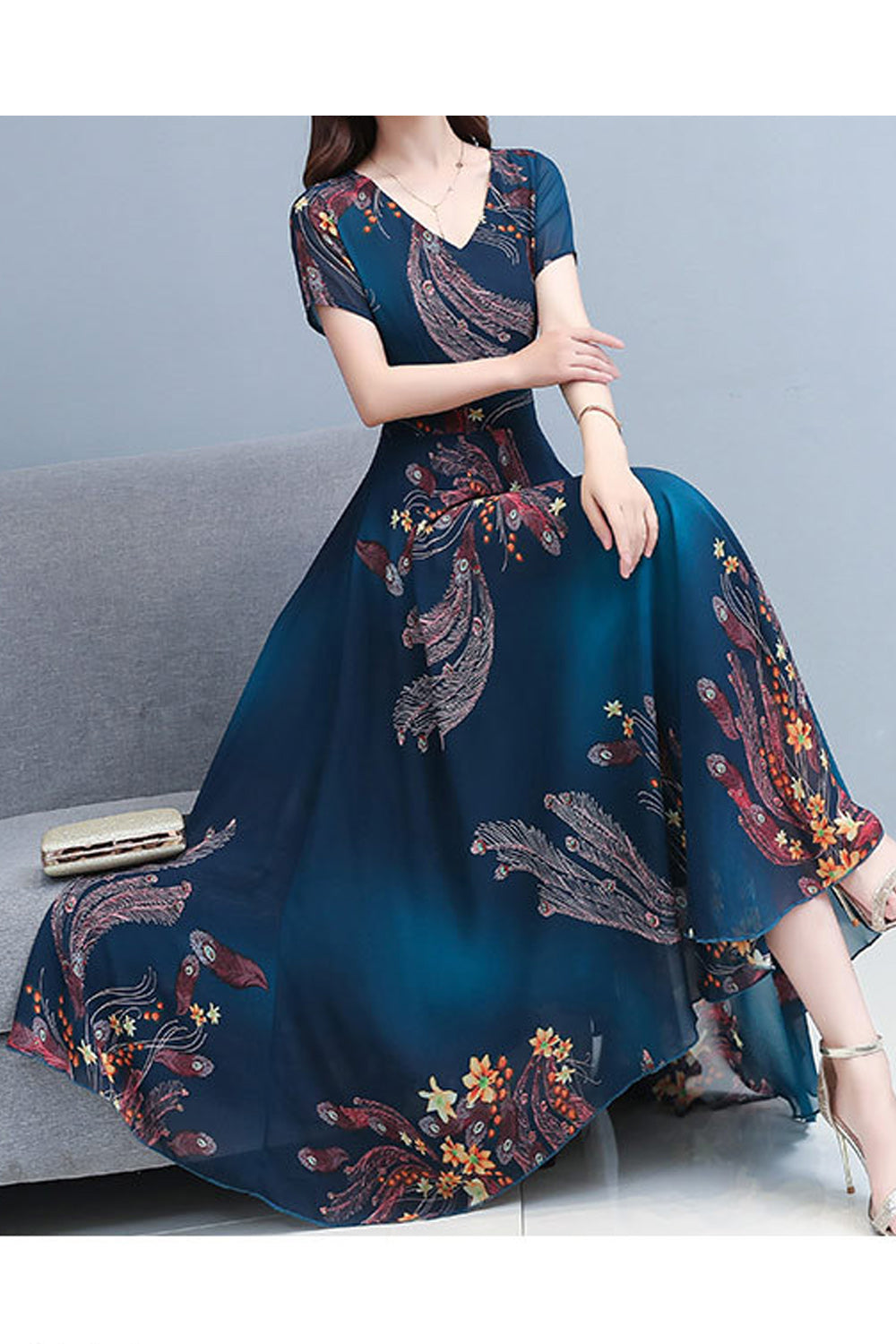 Women Short Sleeve Beautiful V-Neck Long Length Dress