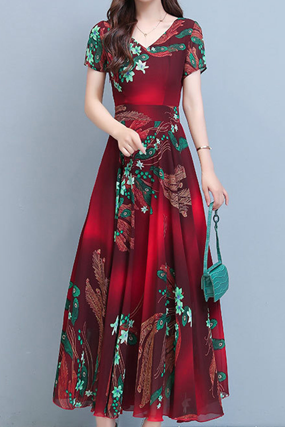Women Short Sleeve Beautiful V-Neck Long Length Dress