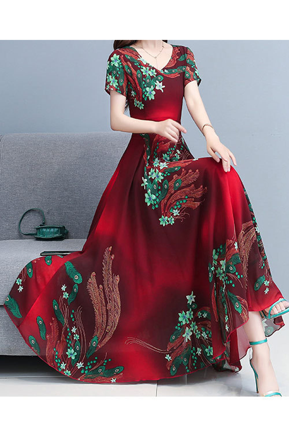 Women Short Sleeve Beautiful V-Neck Long Length Dress
