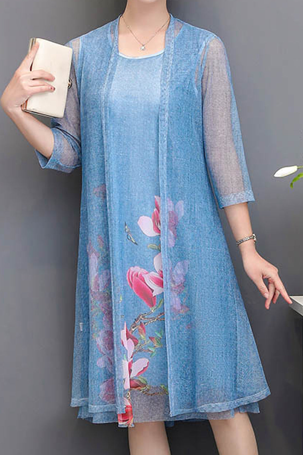 Women Long Sleeve Flower Printed Summer Casual Round Neck Lightweight Dress