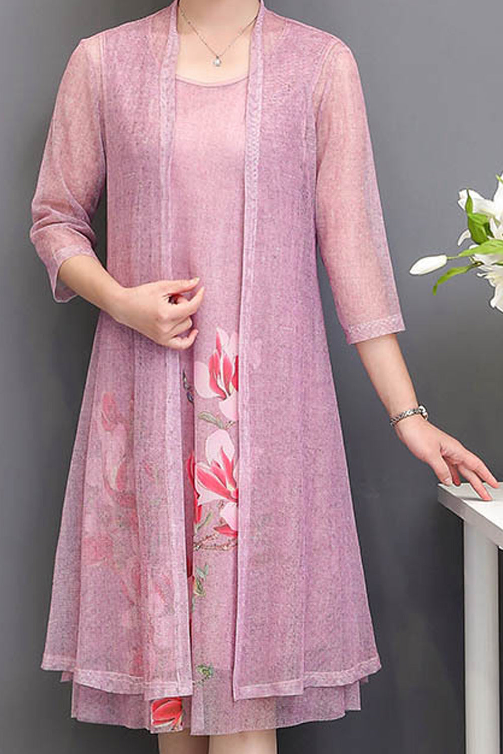 Women Long Sleeve Flower Printed Summer Casual Round Neck Lightweight Dress