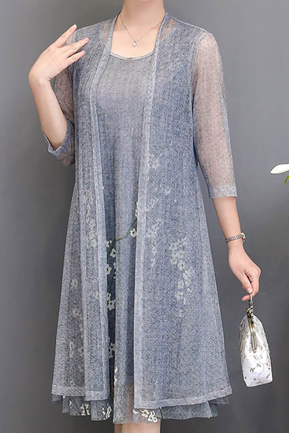 Women Long Sleeve Flower Printed Summer Casual Round Neck Lightweight Dress