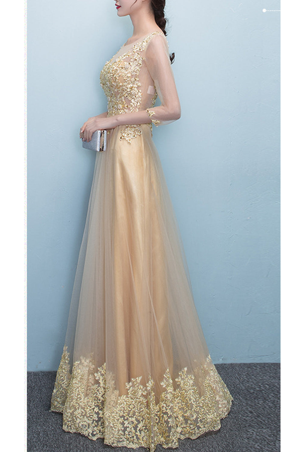 Women Thin Mesh Skirt Half Sleeve Embroidery Pattern Beautiful Evening Party Dress