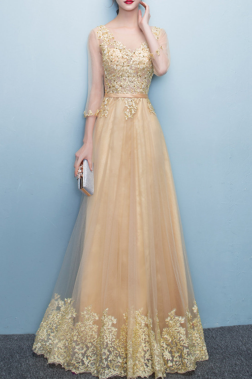 Women Thin Mesh Skirt Half Sleeve Embroidery Pattern Beautiful Evening Party Dress