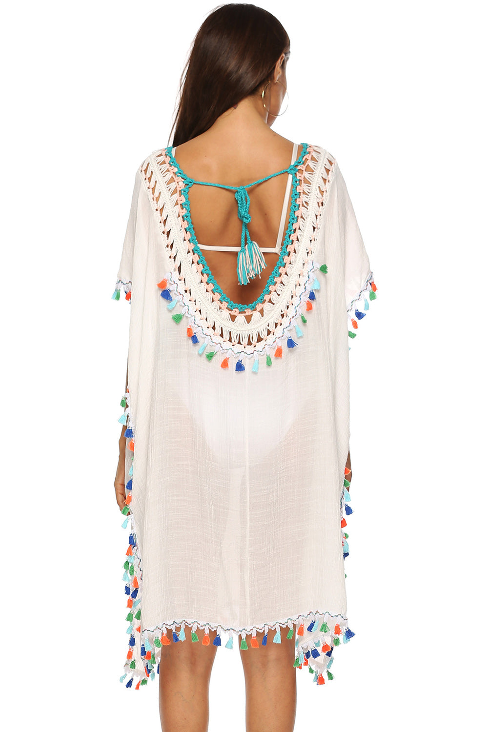 Women Deep V-Neck Multi Color Tassel Decorated Breathable Loose Beach Cover-Up