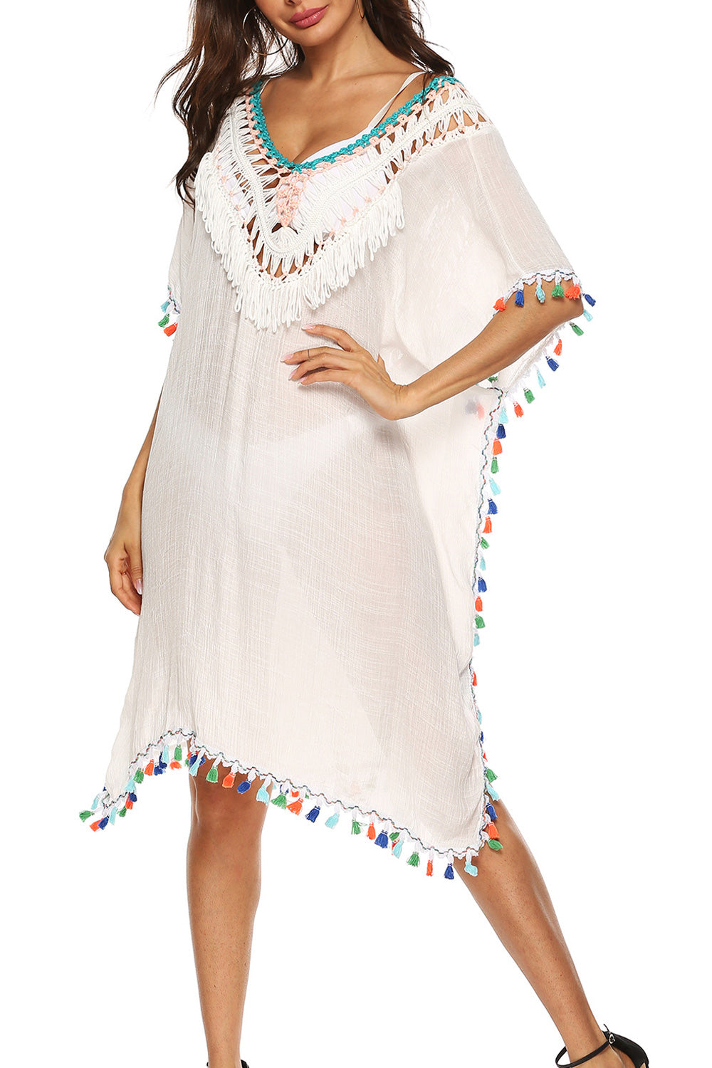 Women Deep V-Neck Multi Color Tassel Decorated Breathable Loose Beach Cover-Up