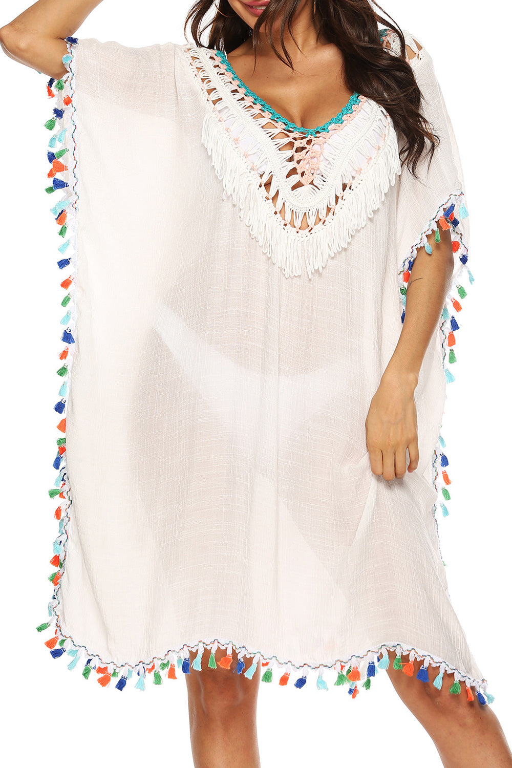 Women Deep V-Neck Multi Color Tassel Decorated Breathable Loose Beach Cover-Up