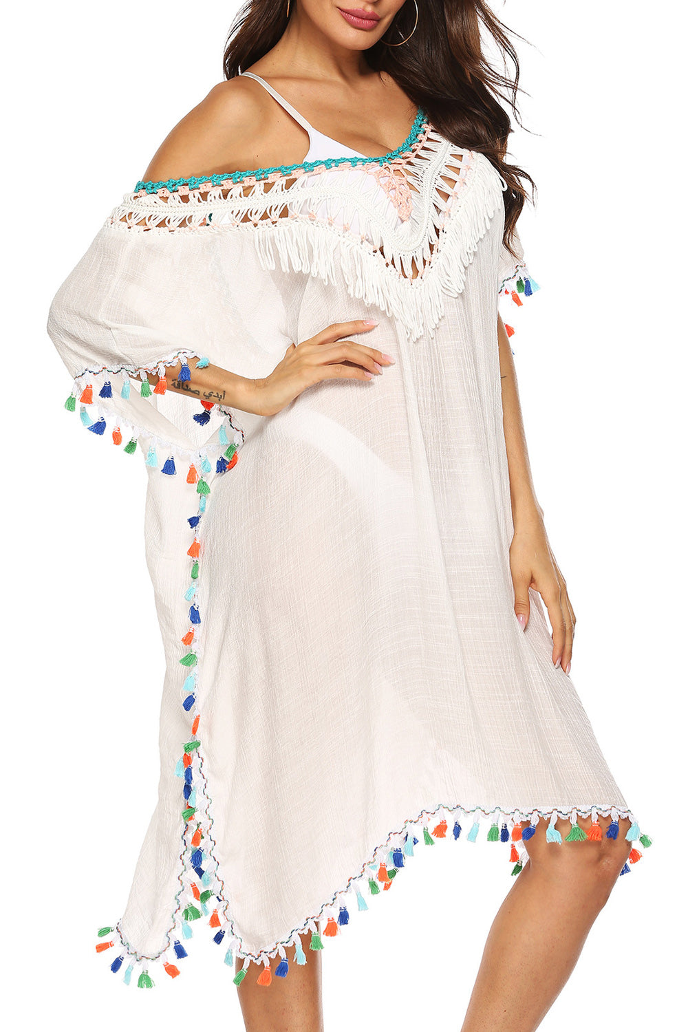 Women Deep V-Neck Multi Color Tassel Decorated Breathable Loose Beach Cover-Up