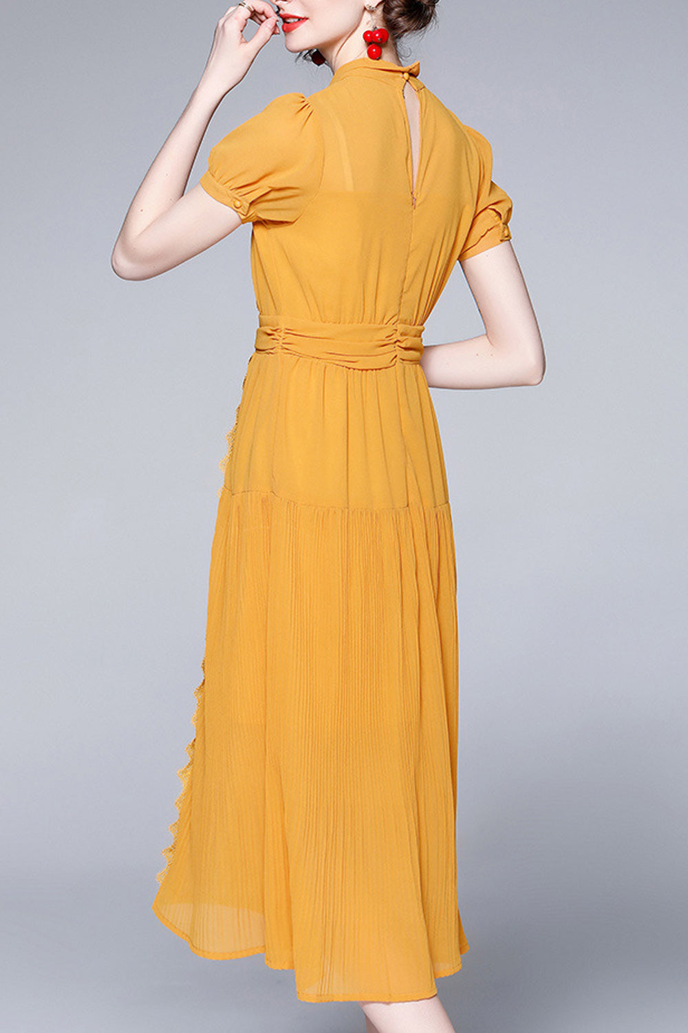 Women Thin Short Sleeve Summer Embroidered Beautiful Bow Tie Neck Dress