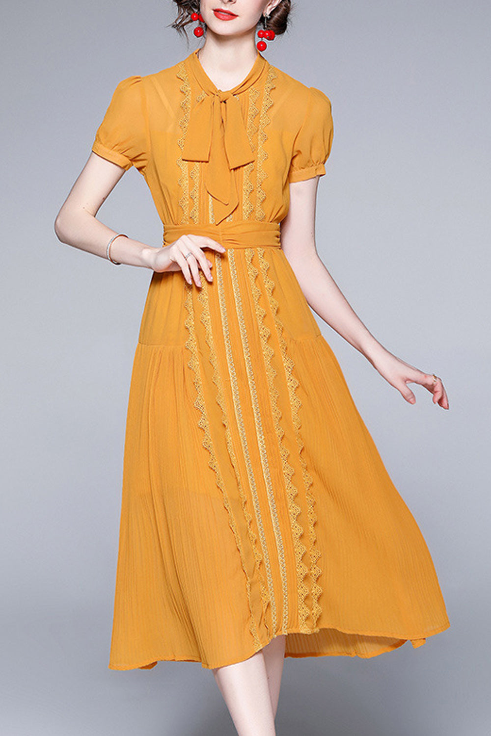 Women Thin Short Sleeve Summer Embroidered Beautiful Bow Tie Neck Dress
