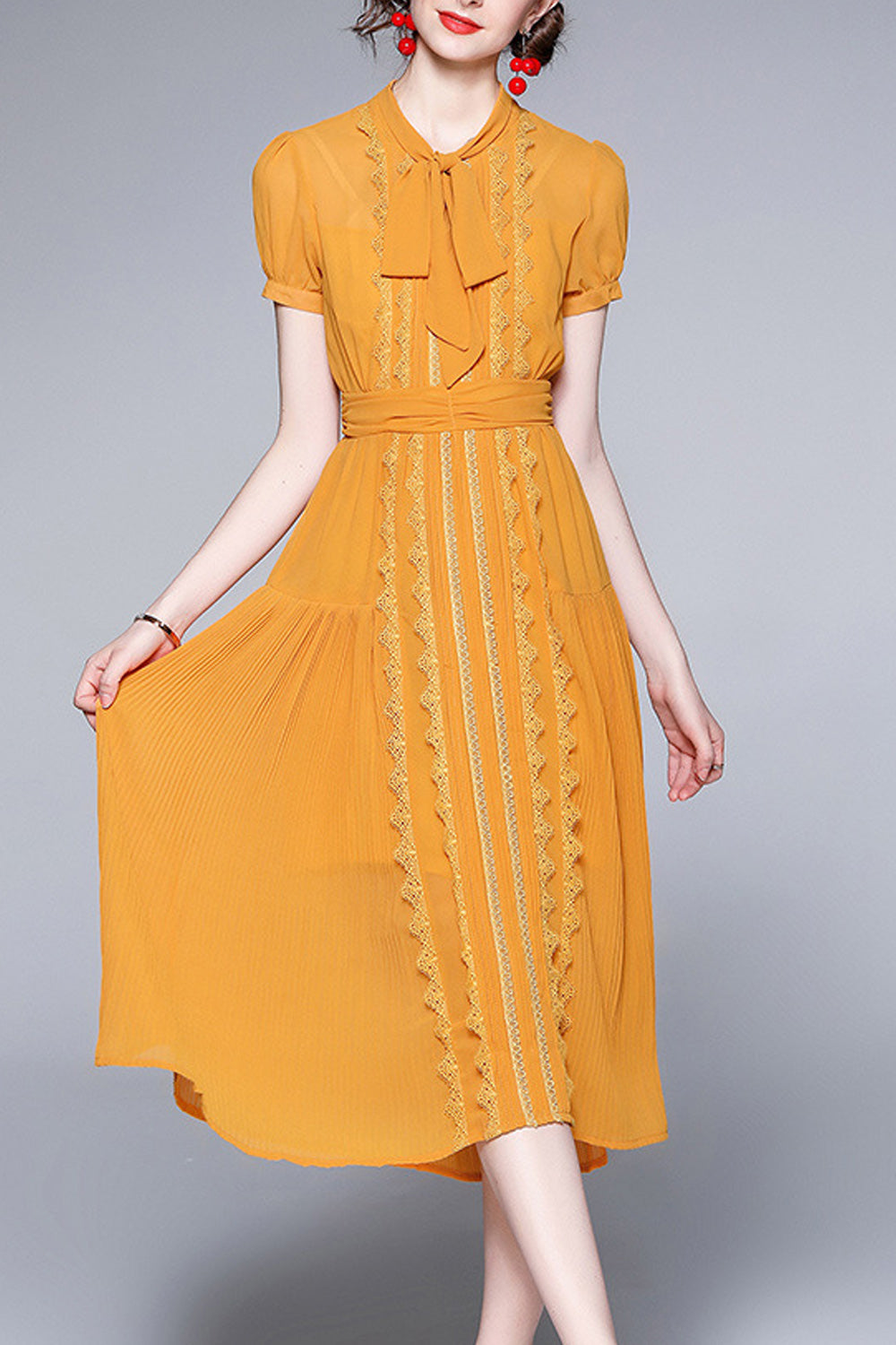 Women Thin Short Sleeve Summer Embroidered Beautiful Bow Tie Neck Dress