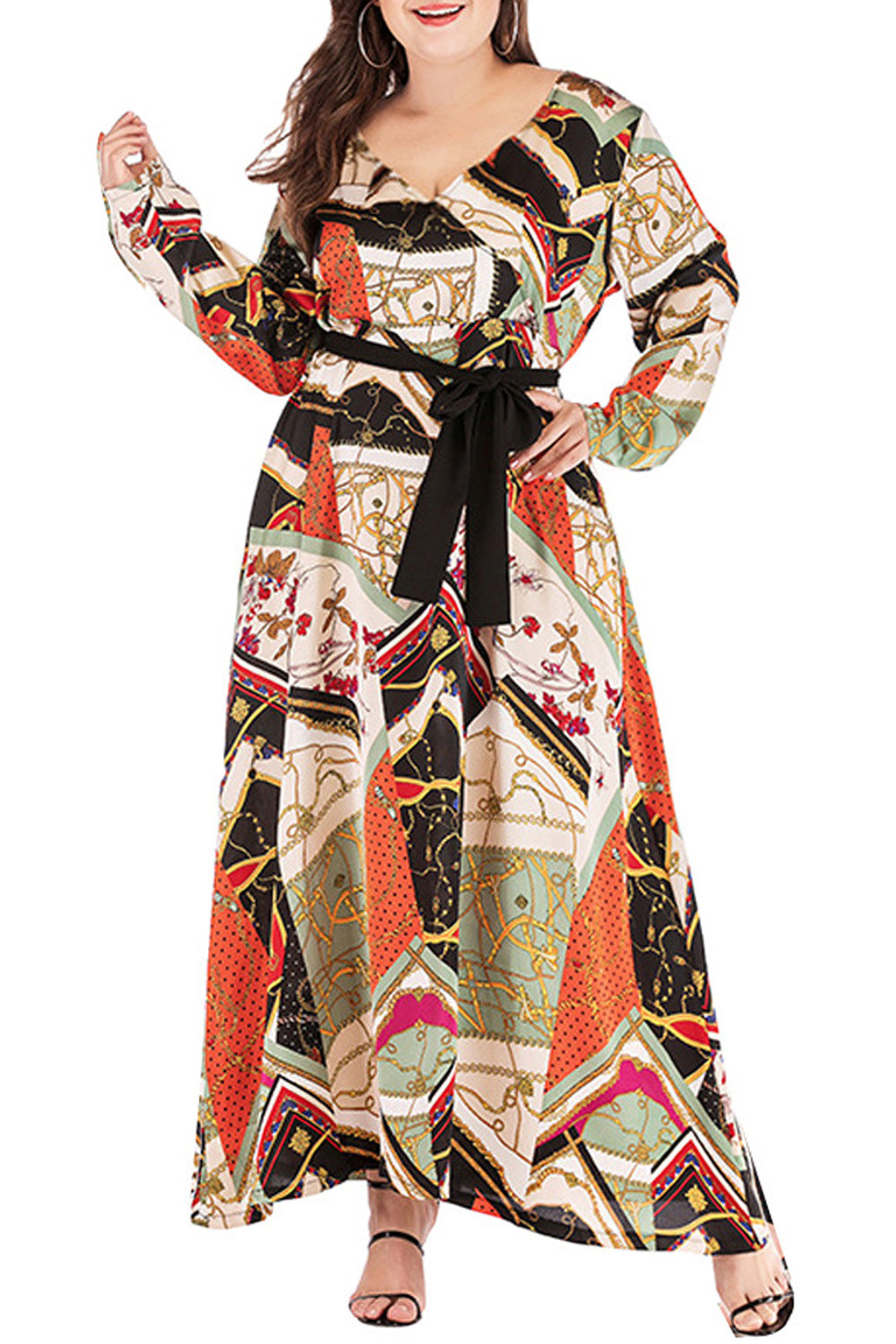 Women Long Sleeve Fashionable Printed Style Pleated Skirt Dress