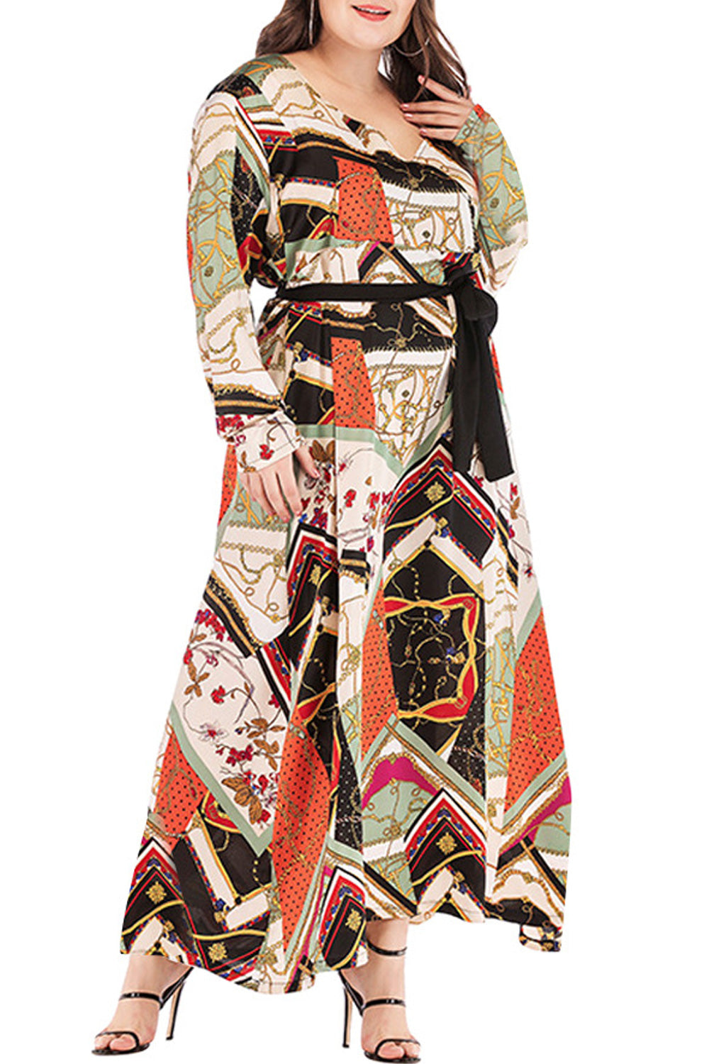 Women Long Sleeve Fashionable Printed Style Pleated Skirt Dress