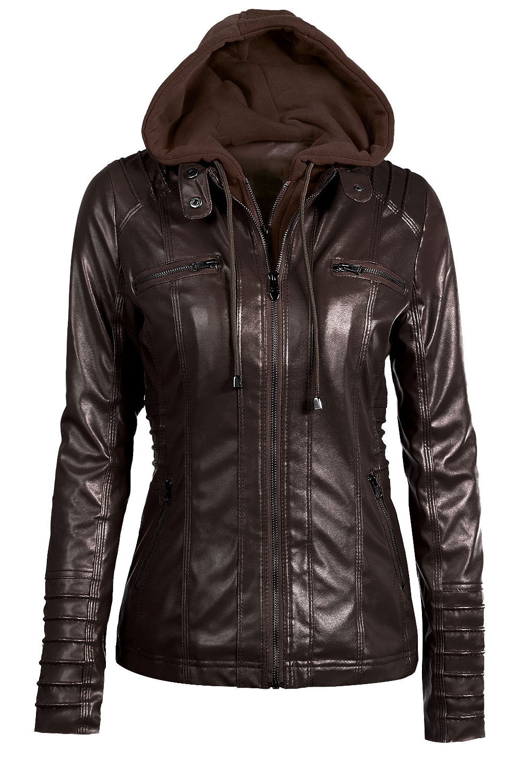 Women Windproof Zipper Closure Side Pocket Solid Colored Thick PU Leather Jacket